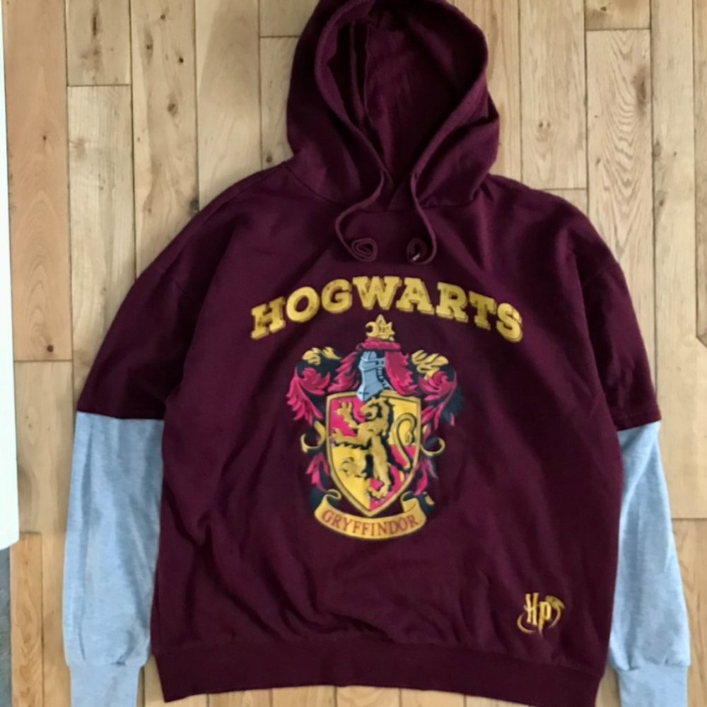 Harry Potter Hogwarts Gryffindor Pullover Hoodie Men's Large Maroon Gray Sleeves